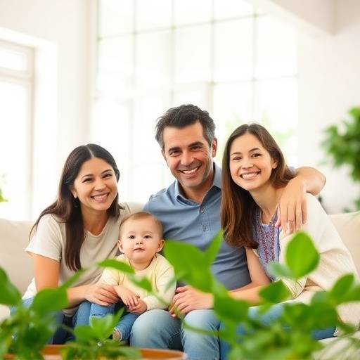 Une famille souriante profitant d'un salon lumineux et a&eacute;r&eacute;, avec des plantes vertes.