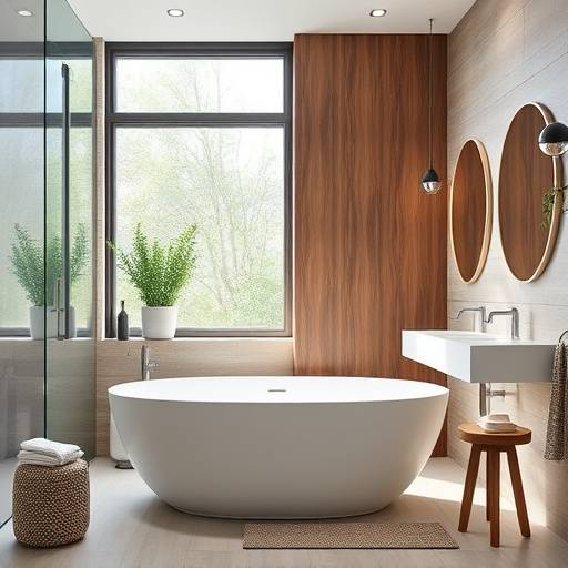 Une salle de bain moderne avec une baignoire &icirc;lot et des finitions en bois